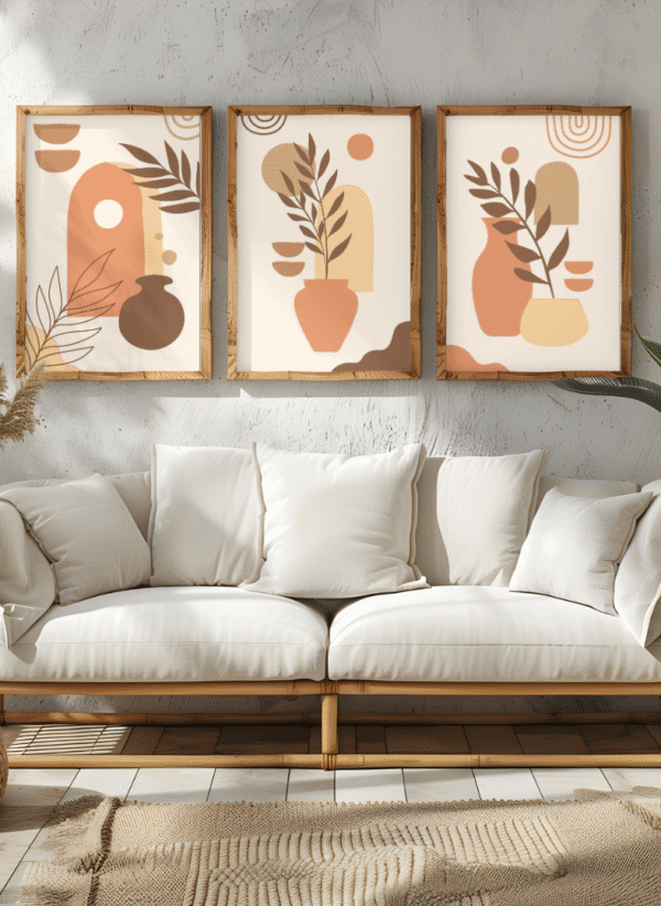Earthy Modern Botanical Wall Art Set – Minimalist Abstract Plant Prints (Set of 3) 12x18 inches