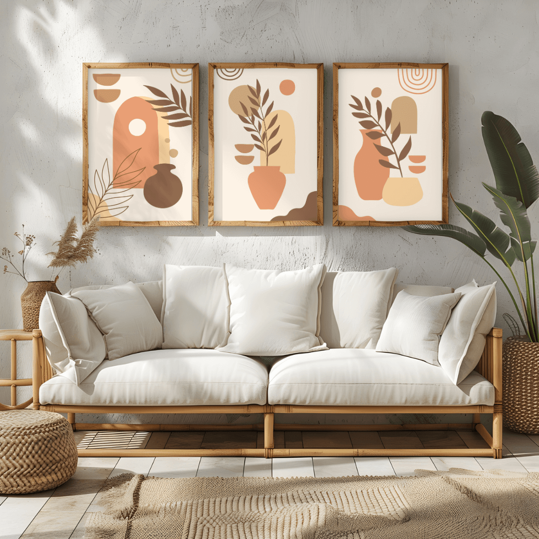 Earthy Modern Botanical Wall Art Set – Minimalist Abstract Plant Prints (Set of 3) 12x18 inches