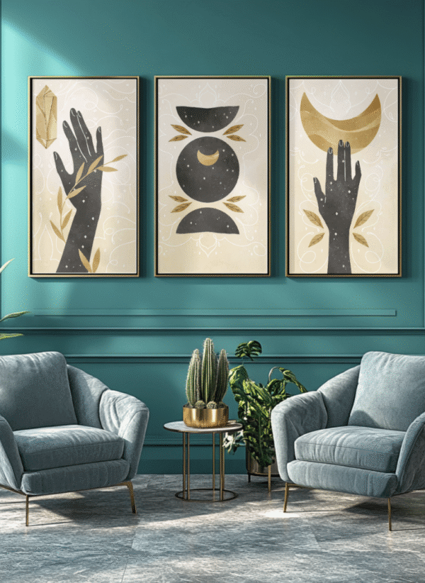 Mystic Hand & Moon Wall Art Set – Boho Spiritual Gallery Prints (Set of 3) 12x18 inches, canvas framed art