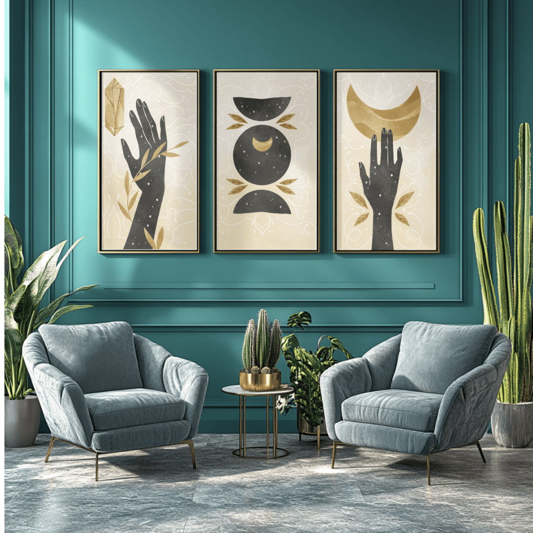 Mystic Hand & Moon Wall Art Set – Boho Spiritual Gallery Prints (Set of 3) 12x18 inches, canvas framed art