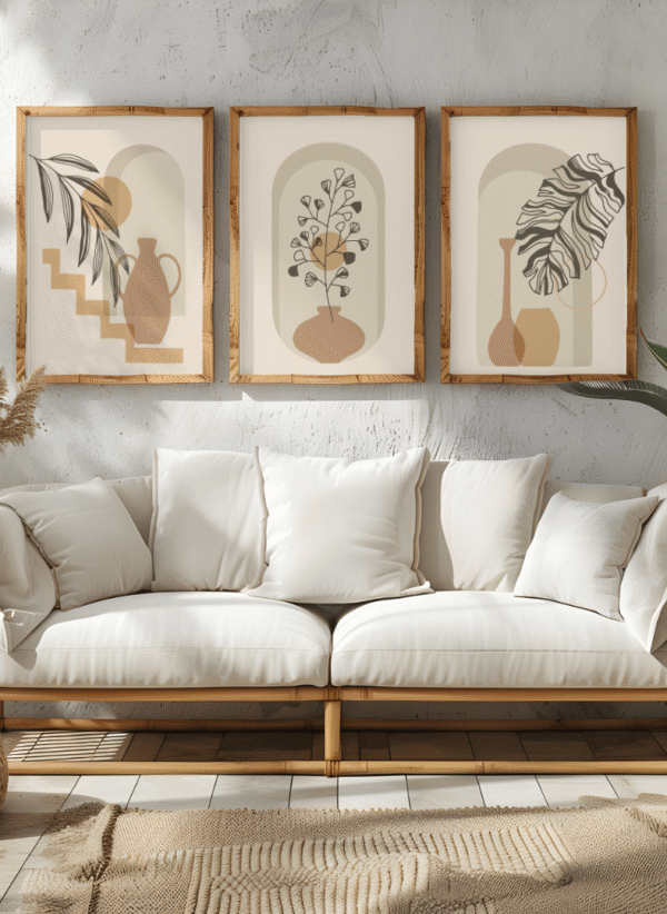 Natural Boho Living Room Wall Art Set – Minimalist Botanical Prints (Set of 3) 12x18 inches, canvas framed art - Image 4