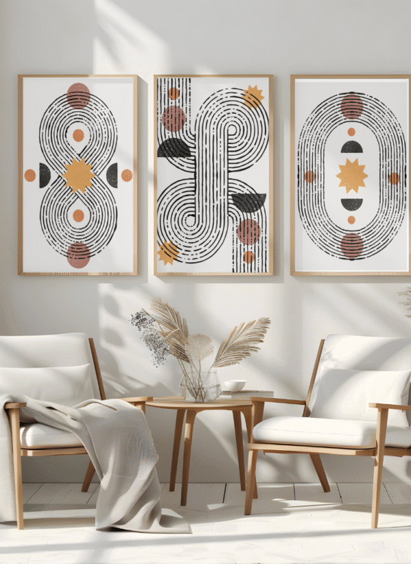 Boho Abstract Geometric Wall Art – Set of 3 Prints, Minimalist Line Art ,12x18 inches, canvas framed art