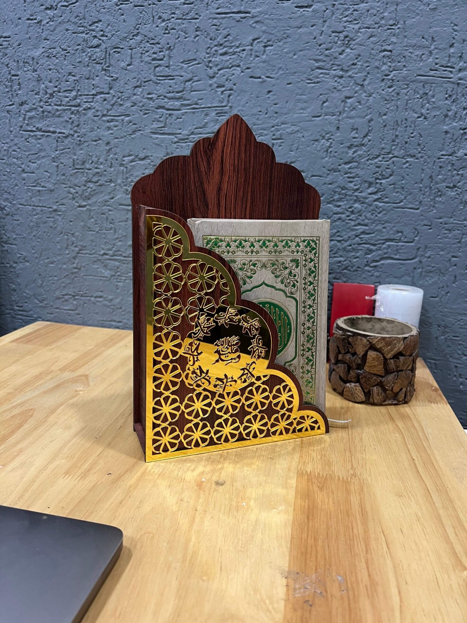 Quran Holder Wall Mount, Quran Stand for Home | Islamic Book Holder | Brown & Gold Design | Durable & Stylish Quran Display Rack | Wooden