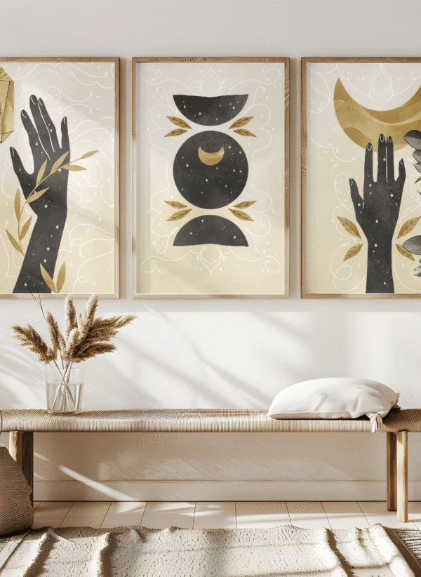 Mystic Hand & Moon Wall Art Set – Boho Spiritual Gallery Prints (Set of 3) 12x18 inches, canvas framed art - Image 2