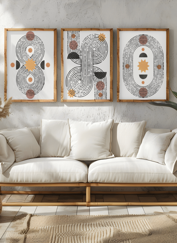 Boho Abstract Geometric Wall Art – Set of 3 Prints, Minimalist Line Art ,12x18 inches, canvas framed art - Image 3