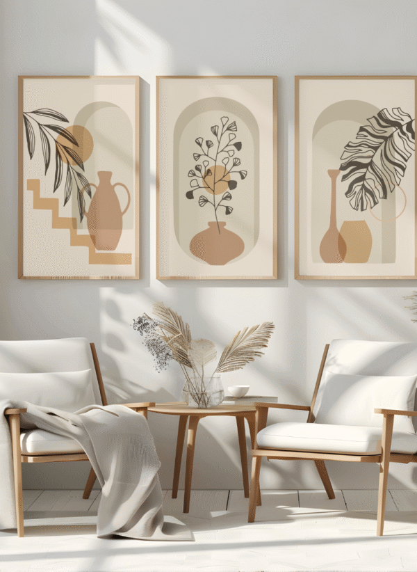 Natural Boho Living Room Wall Art Set – Minimalist Botanical Prints (Set of 3) 12x18 inches, canvas framed art