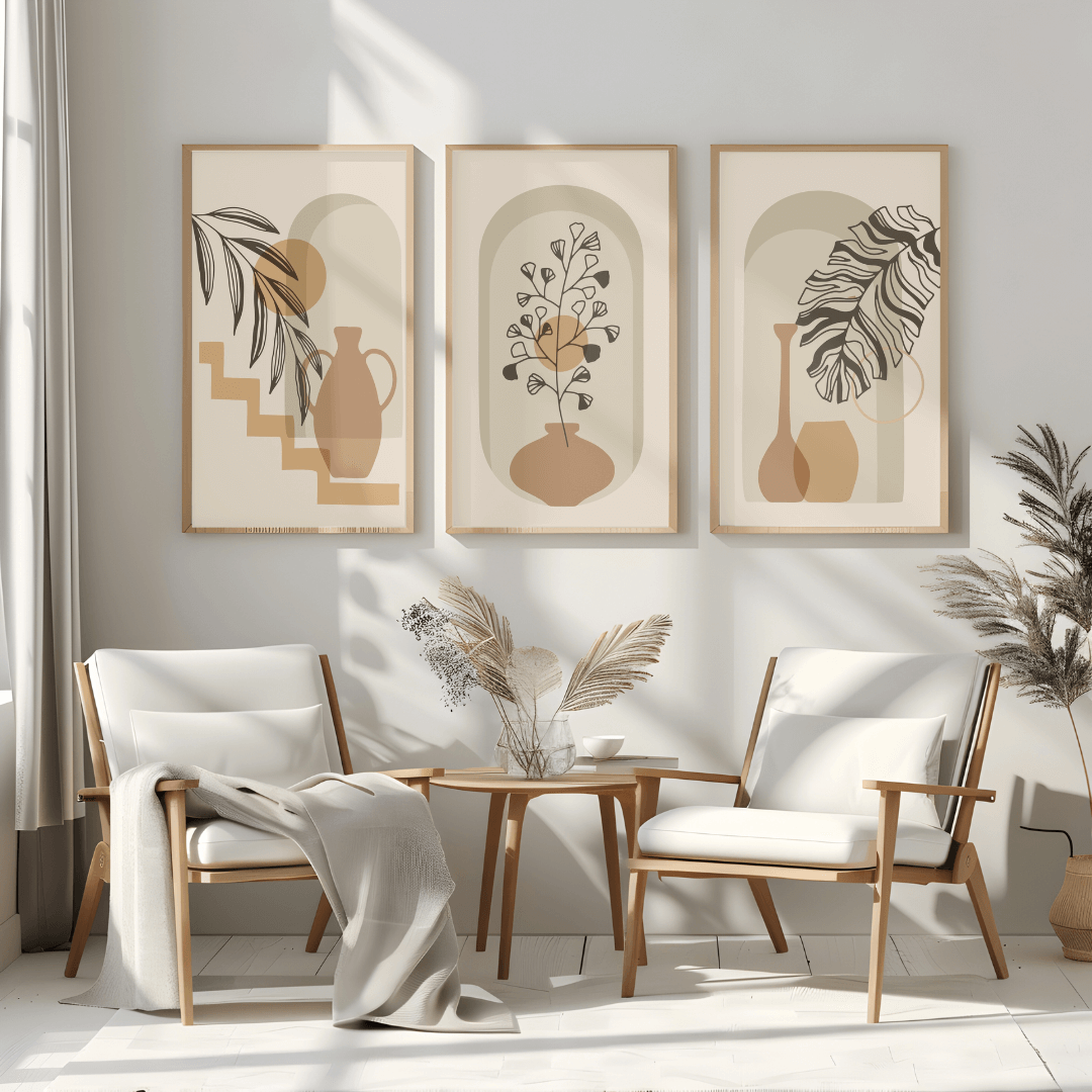 Natural Boho Living Room Wall Art Set – Minimalist Botanical Prints (Set of 3) 12x18 inches, canvas framed art