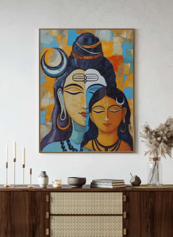Kufi Studio Shiva Parvati Printed Canvas Framed Artwork 13x17 Inch Painting for Home & Office