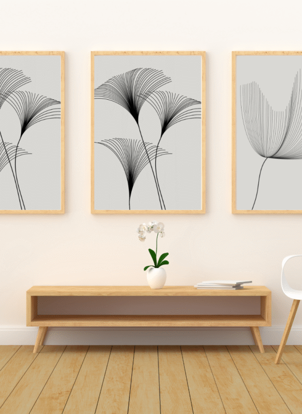 Abstract Ginkgo Leaf Line Art – Set of 3 Minimalist Canvas Wall Frames (12x18)inch
