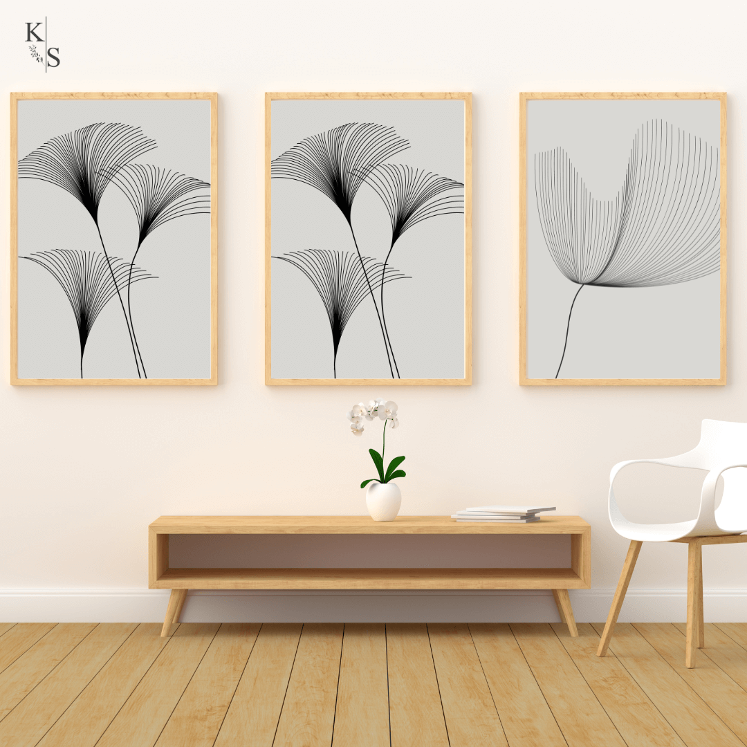 Abstract Ginkgo Leaf Line Art – Set of 3 Minimalist Canvas Wall Frames (12x18)inch