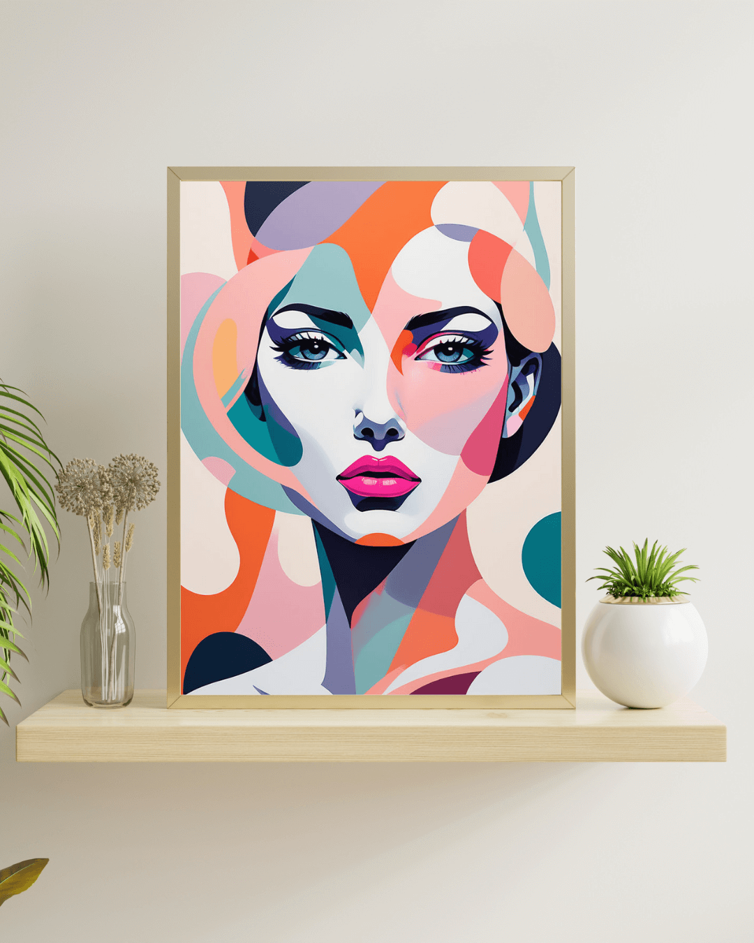 Kufi Studio colorful Abstract Woman Portrait Canvas Wall Art – Modern Pop Art Style Framed Painting | Aesthetic Face Artwork for Living Room (12x18 Inch)
