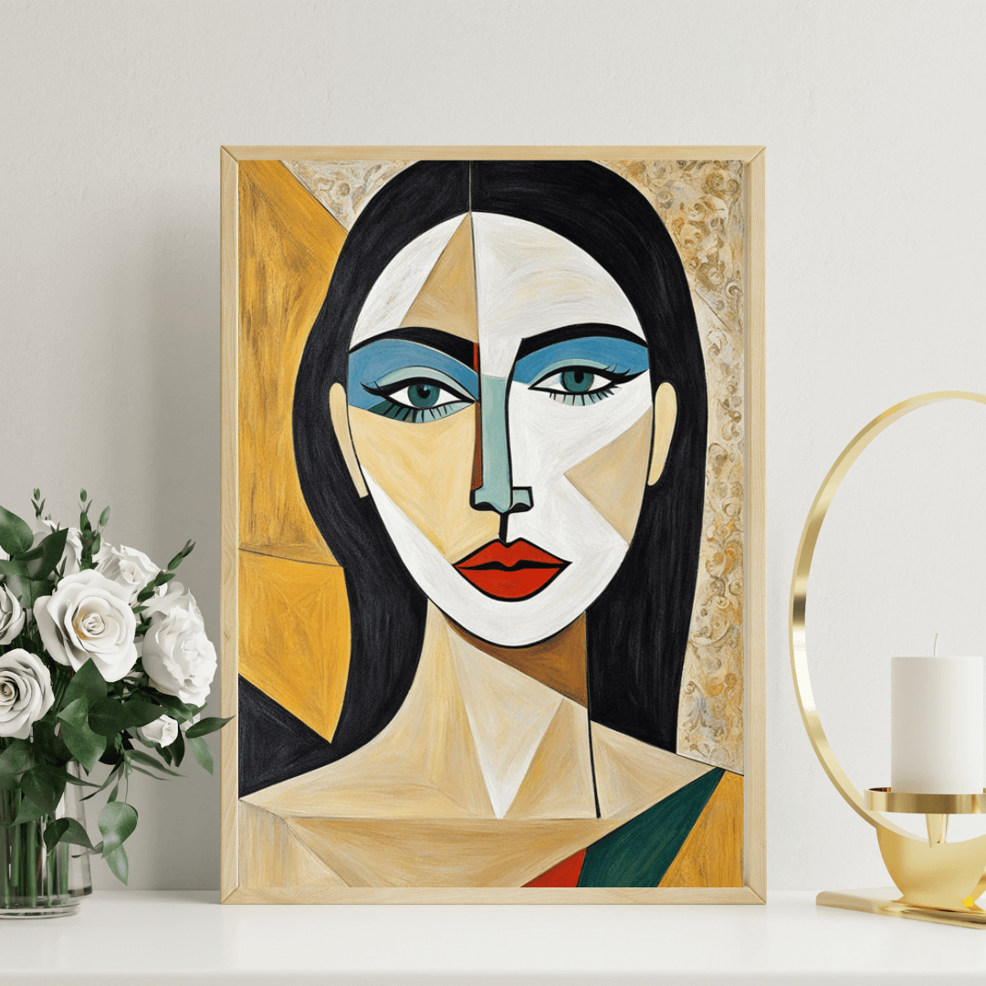 Kufi Studio Cubist Woman Portrait Canvas Wall Art – 12x18 Inch Framed Abstract Face Painting | Picasso-Inspired Modern Artwork for Living Room, Bedroom, Office & Gallery Wall Decor