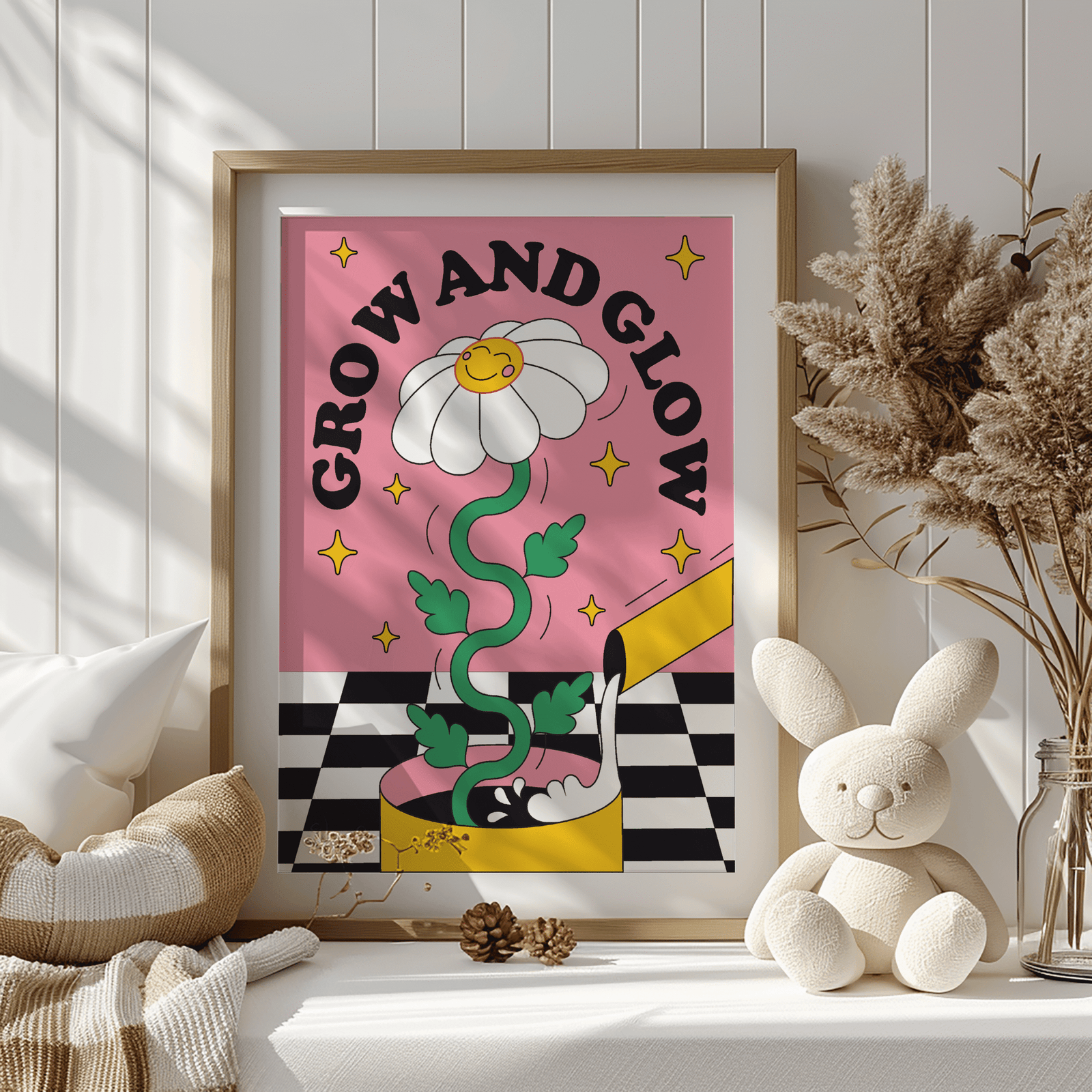 Kufi Studio Grow and Glow Wall Art Print, Pink Background, Motivational Daisy Flower Theme, Black and White Stripes (12 x 18 Inch)