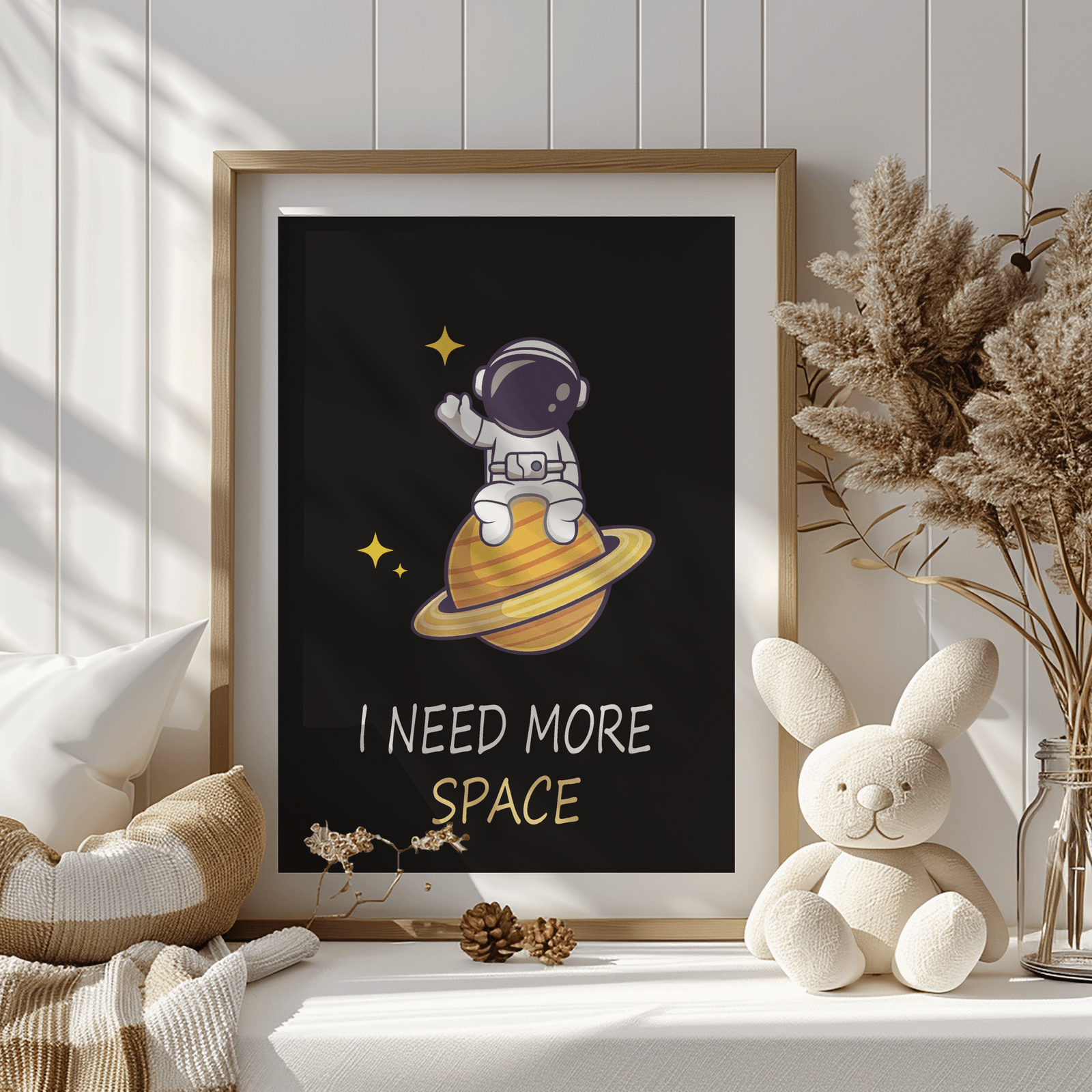 Kufi Studio - I Need More Space - Inspirational Quote Poster with Wall Frame for Home and Office Decoration, Synthetic Wood, Black Frame, 13 X 10 Inches
