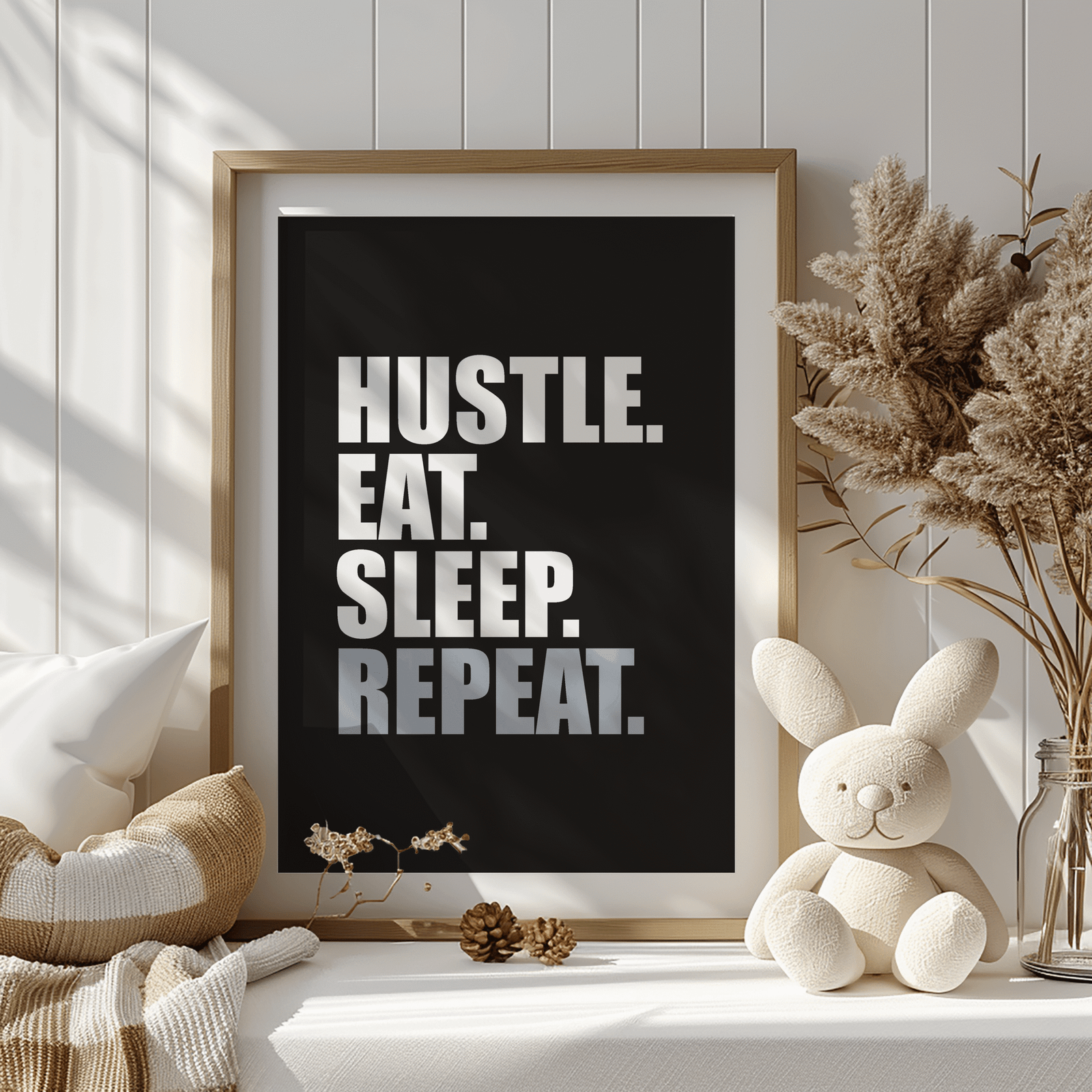 Kufi studio Hustle Eat Sleep Repeat | Simple | Motivational Framed Poster | Frames For Office And Living Room - Modern Wall Art - (Black Framed 10×12 inches)