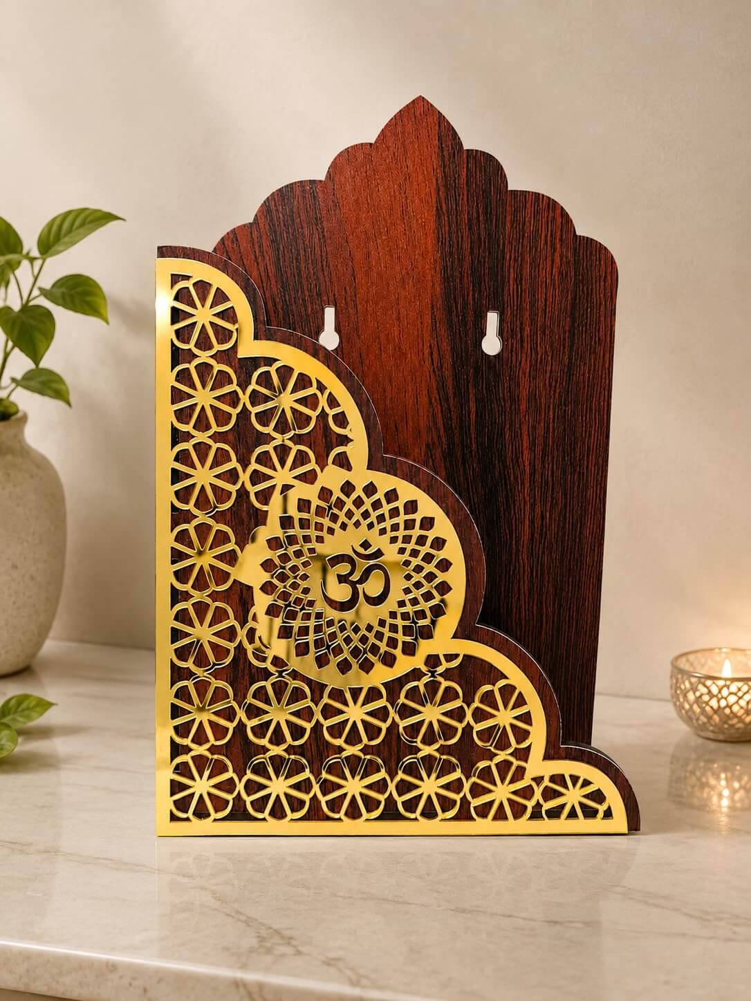 Decorative Wooden Bhagavad Gita Book Holder | Wall Mounted Mandir Book Stand | Gold Floral Jaali Design with Om Motif | Pooja Room & Home Temple Decor | Spiritual Gift - Image 4