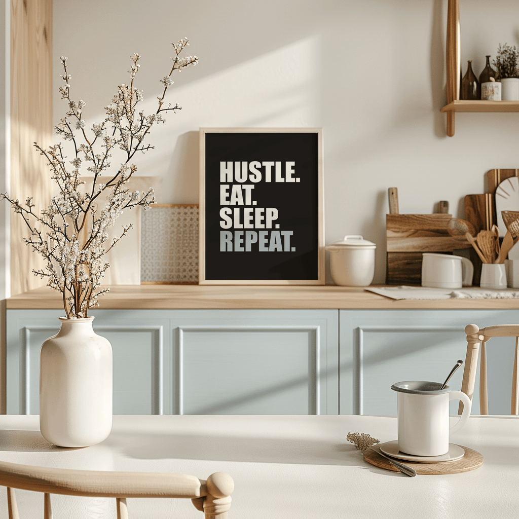 Kufi studio Hustle Eat Sleep Repeat | Simple | Motivational Framed Poster | Frames For Office And Living Room - Modern Wall Art - (Black Framed 10×12 inches) - Image 5