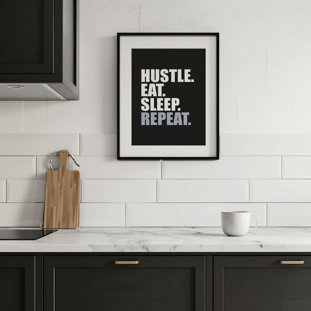 Kufi studio Hustle Eat Sleep Repeat | Simple | Motivational Framed Poster | Frames For Office And Living Room - Modern Wall Art - (Black Framed 10×12 inches) - Image 6